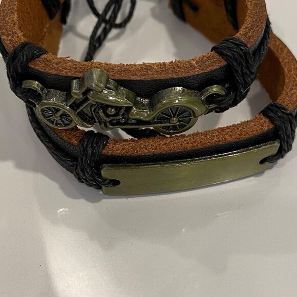 Motorcycle genuine Leather Bracelets set of 2  With Adjustable Cord bikerco - Picture 4 of 13